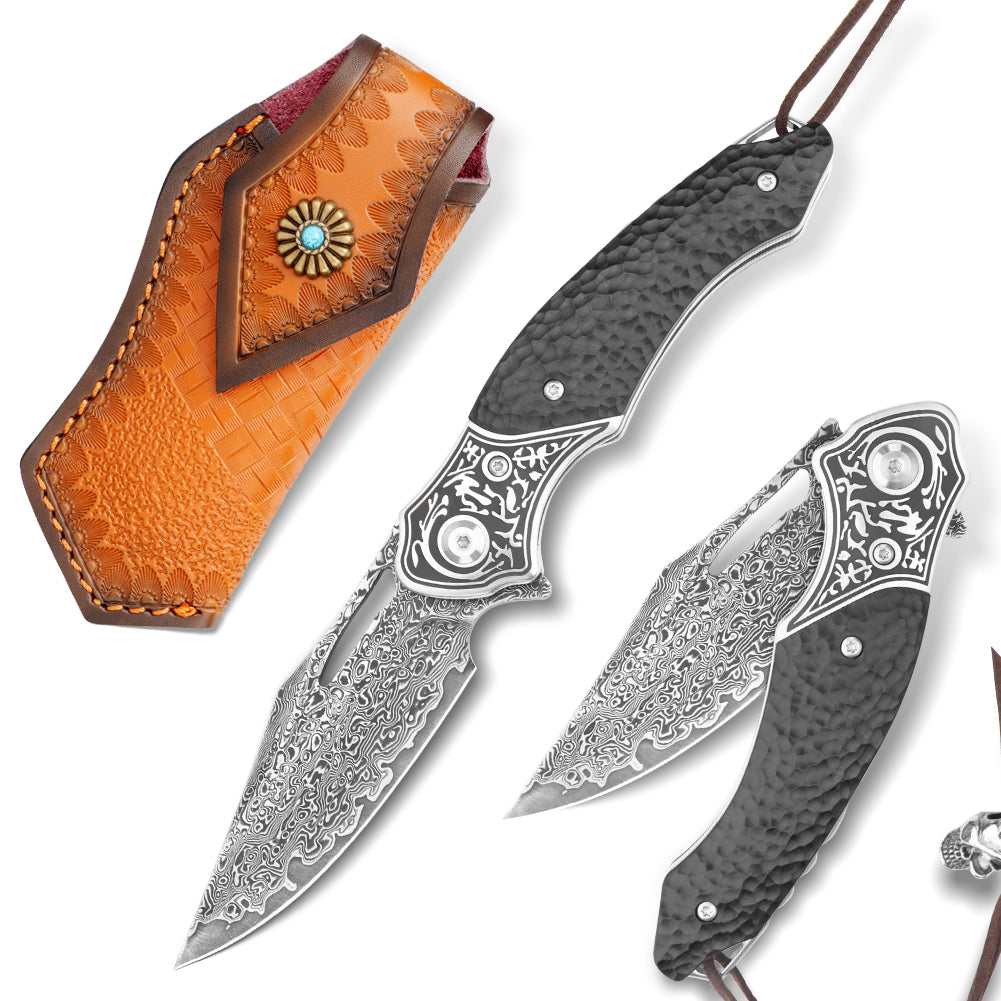 SAN TONG XIONG Damascus Pocket Knife for men women ,Collector's Grade 3.3''106-layer real damascus steel with Japan VG10 Core   ,Handmade EDC knife for Outdoor Survival ,Hunting ,Camping ,Ideal Gift for Men Women