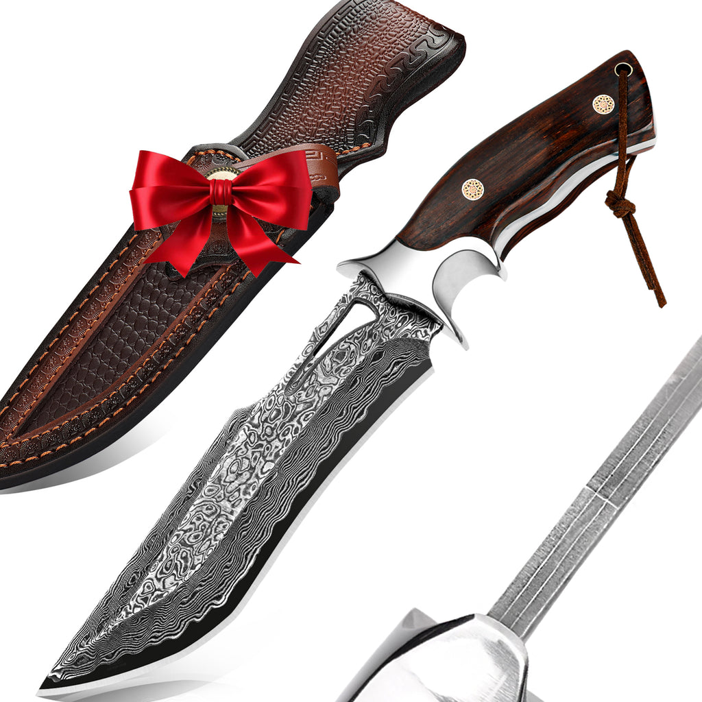 SAN TONG XIONG Damascus Hunting Knife, 10.4" Handmade Bowie Knife with Sheath, Real Damascus Steel Knives with VG10 Core &Wood Handle, Fixed Blade Knives for men women, Tactical, Survival, Camping, Gifts for Men Women