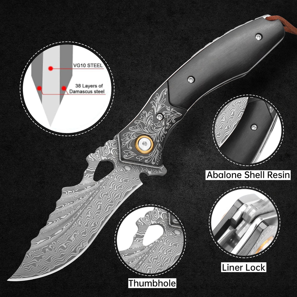 SAN TONG XIONG Damascus Folding Knife VG10 Core, Handmade Pocket Knife, Sharp EDC Knife with Sheath, Premium Folding Knife for Camping Hunting, Gift for Men Women