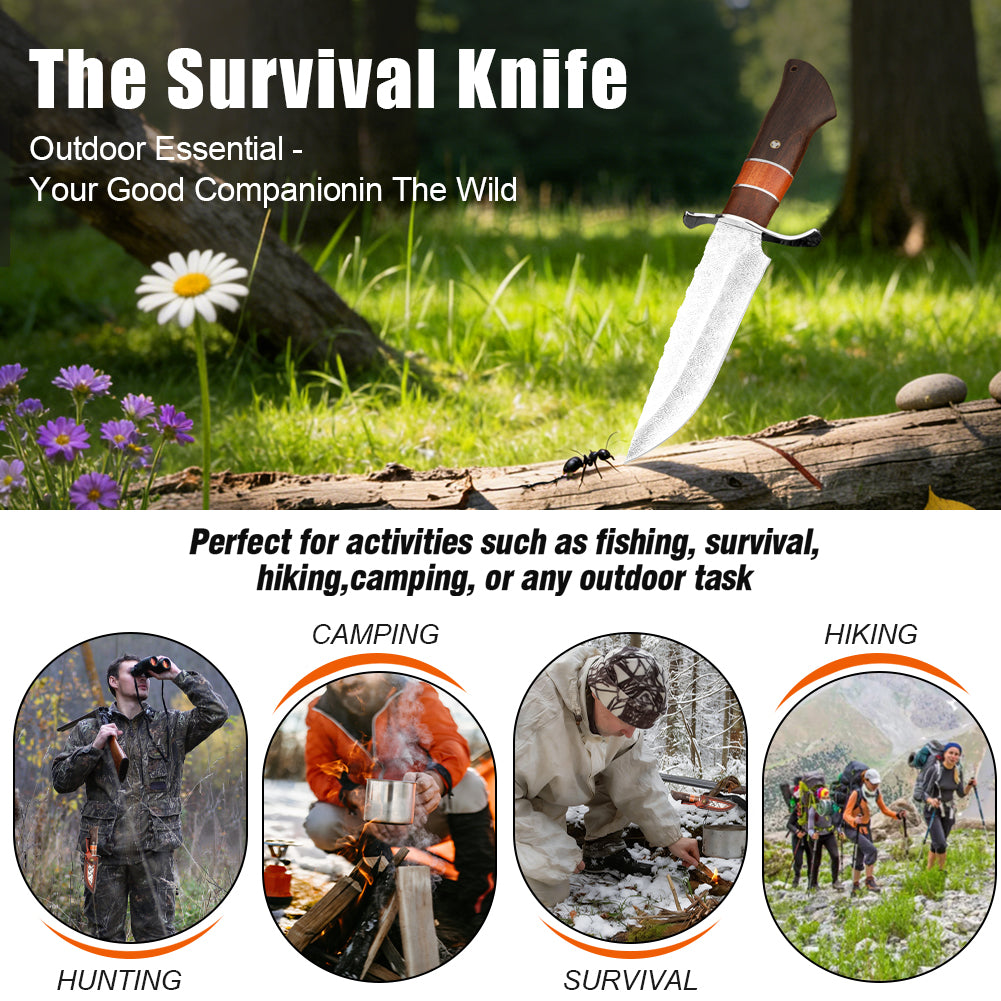 SAN TONG XIONG Hunting Knife with Sheath, 10.7" Fixed Blade Bowie Knife, Full Tang High Carbon Steel Blade, Outdoor Survival, Camping, Bushcraft