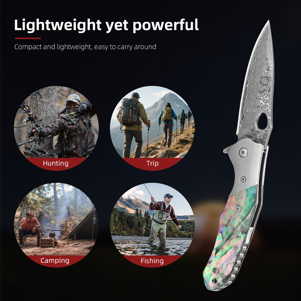 SAN TONG XIONG Damascus Pocket Knife,2.95" VG10 Steel Blade, Folding Knife with natural abalone shells Non-Slip Handle, EDC Knife with Sheath,Camping,Survival,Hiking.Gifts for Women Men