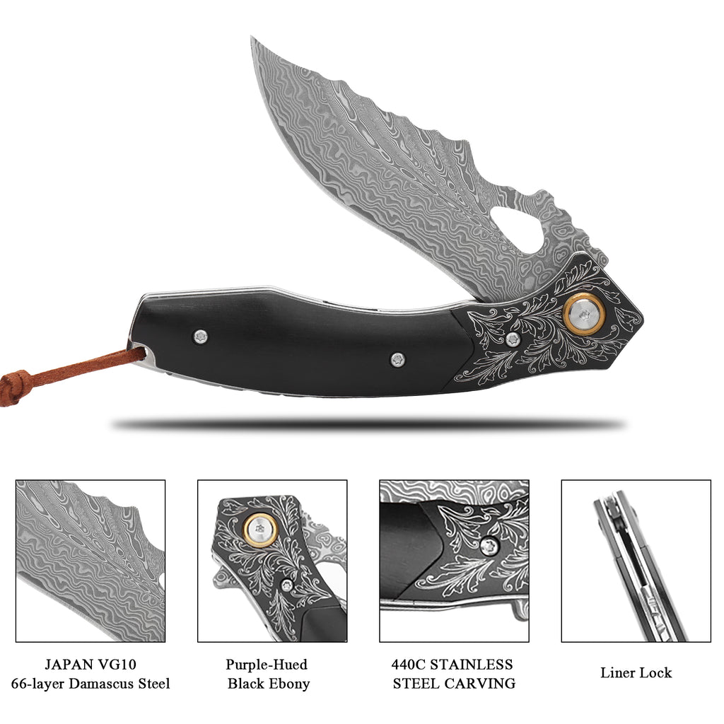 SAN TONG XIONG Damascus Folding Knife VG10 Core, Handmade Pocket Knife, Sharp EDC Knife with Sheath, Premium Folding Knife for Camping Hunting, Gift for Men Women