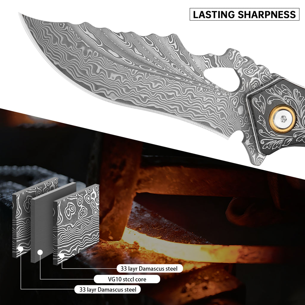 SAN TONG XIONG Damascus Folding Knife VG10 Core, Handmade Pocket Knife, Sharp EDC Knife with Sheath, Premium Folding Knife for Camping Hunting, Gift for Men Women