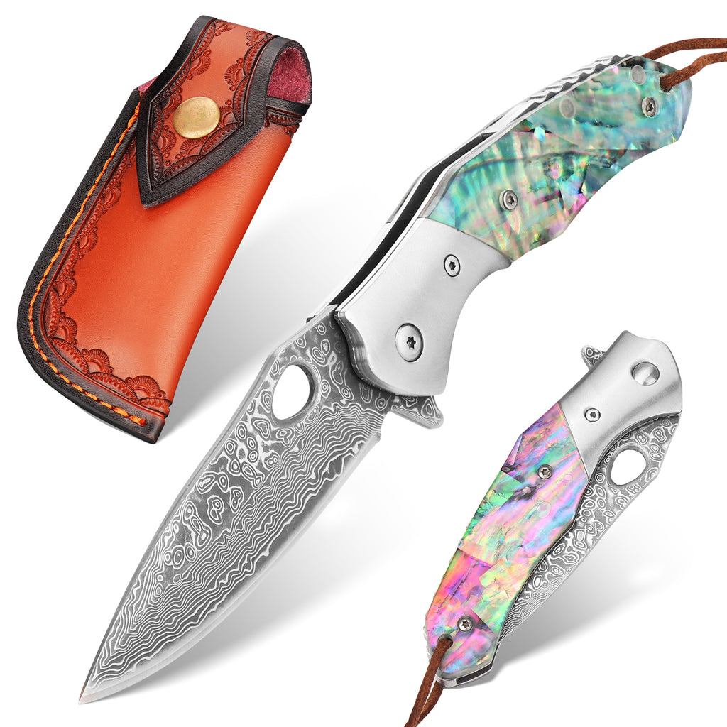 SAN TONG XIONG Damascus Pocket Knife,2.95" VG10 Steel Blade, Folding Knife with natural abalone shells Non-Slip Handle, EDC Knife with Sheath,Camping,Survival,Hiking.Gifts for Women Men