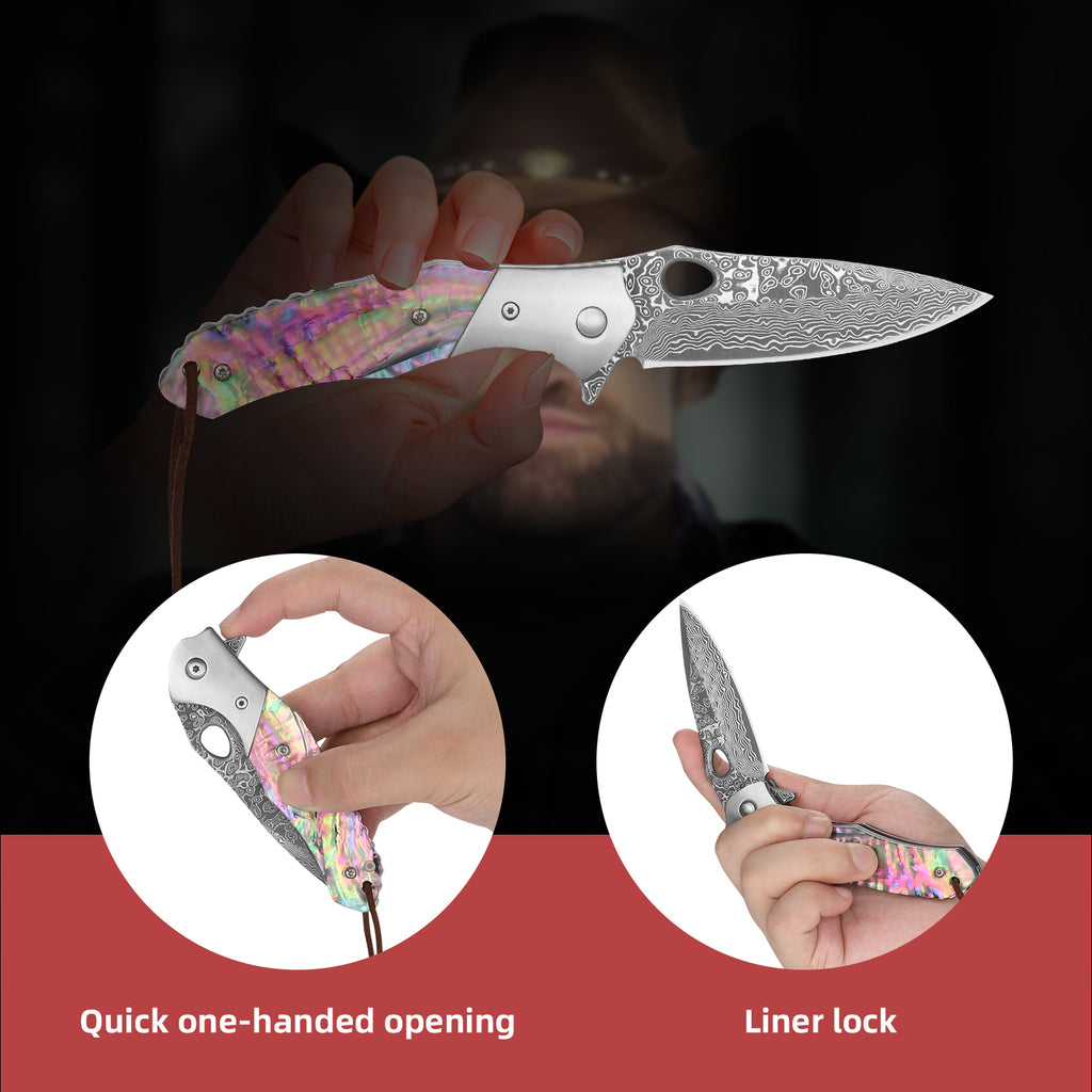 SAN TONG XIONG Damascus Pocket Knife,2.95" VG10 Steel Blade, Folding Knife with natural abalone shells Non-Slip Handle, EDC Knife with Sheath,Camping,Survival,Hiking.Gifts for Women Men