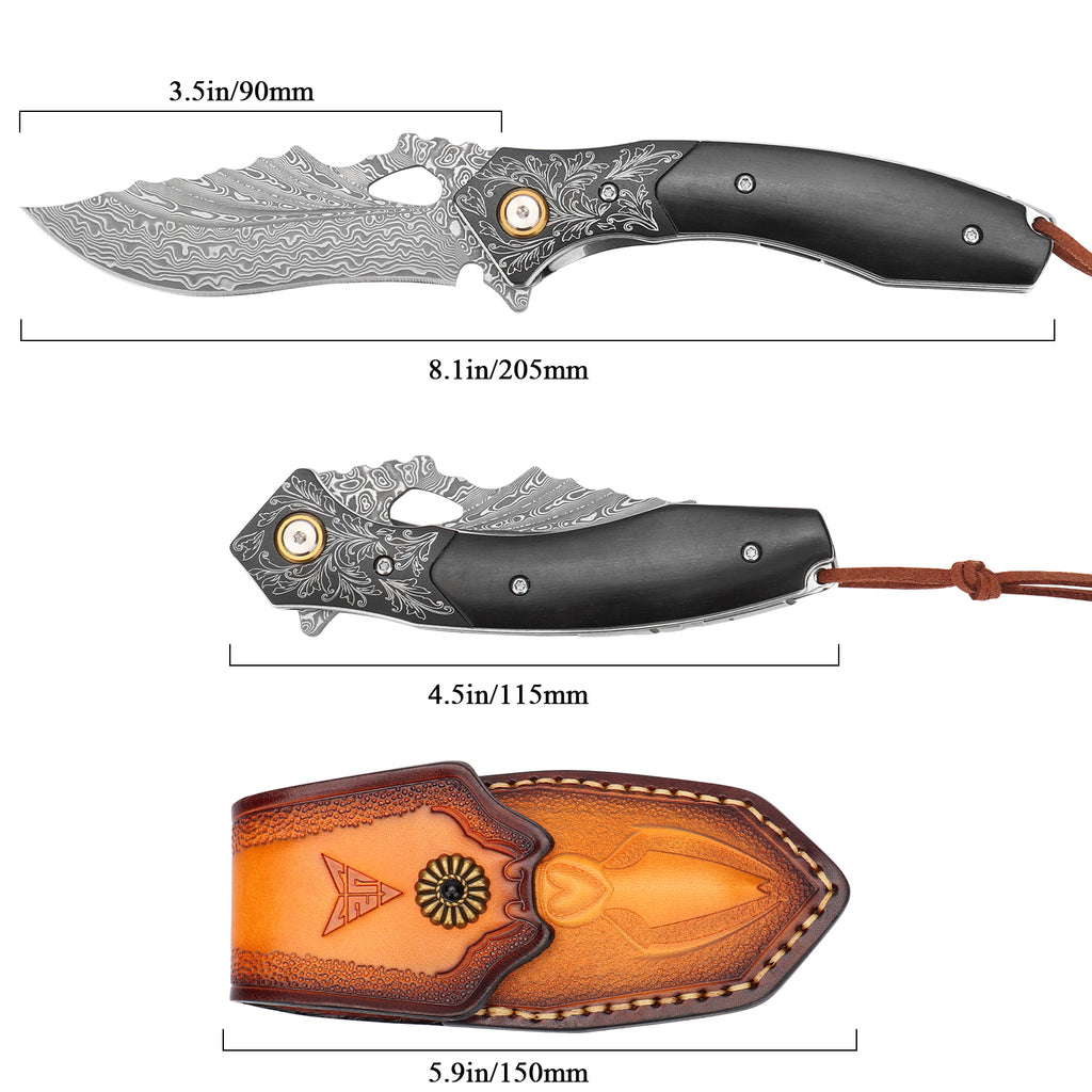 SAN TONG XIONG Damascus Folding Knife VG10 Core, Handmade Pocket Knife, Sharp EDC Knife with Sheath, Premium Folding Knife for Camping Hunting, Gift for Men Women