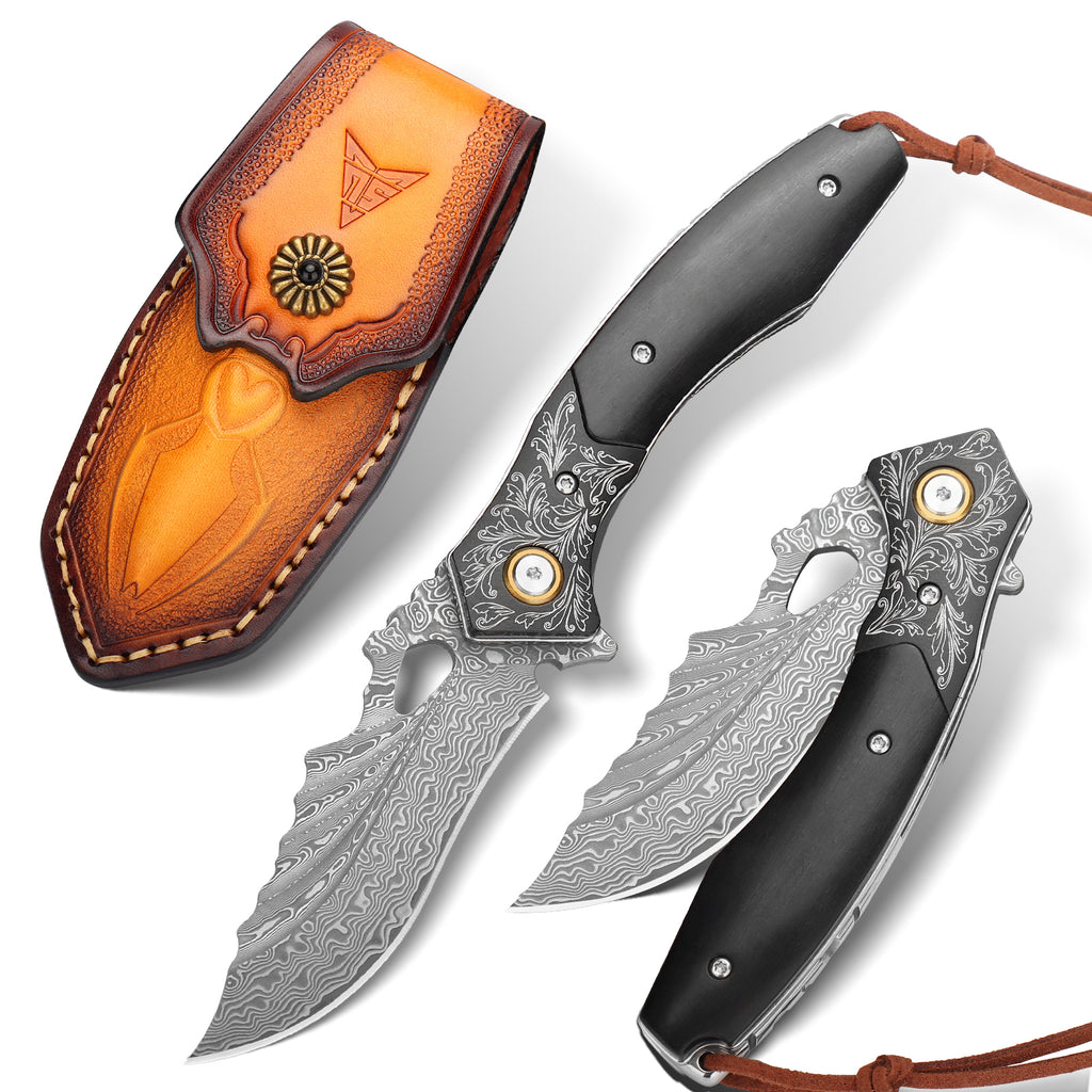 SAN TONG XIONG Damascus Folding Knife VG10 Core, Handmade Pocket Knife, Sharp EDC Knife with Sheath, Premium Folding Knife for Camping Hunting, Gift for Men Women