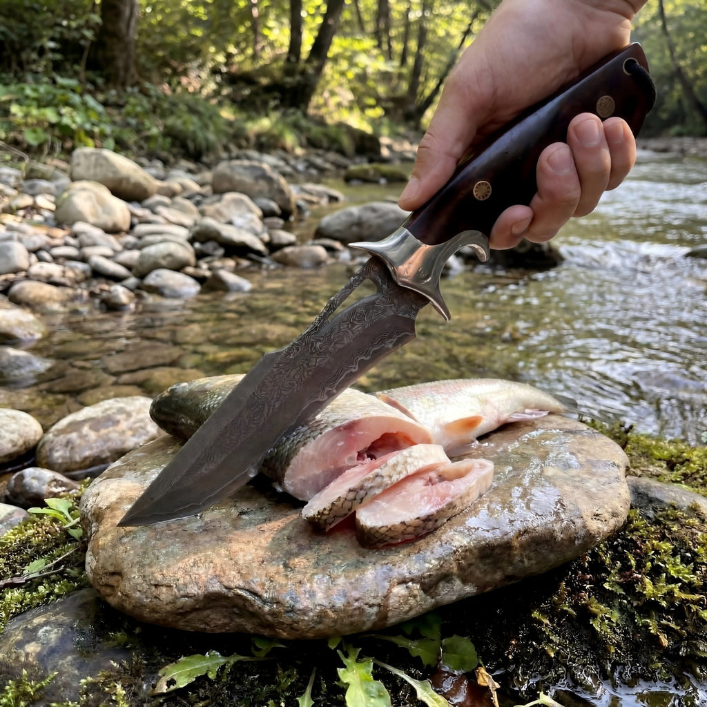 SAN TONG XIONG Damascus Hunting Knife,10.4" Fixed Blade VG10 Leather Sheath/513-layer steel bowie,rosewood handle,outdoor camping and survival,knives for men