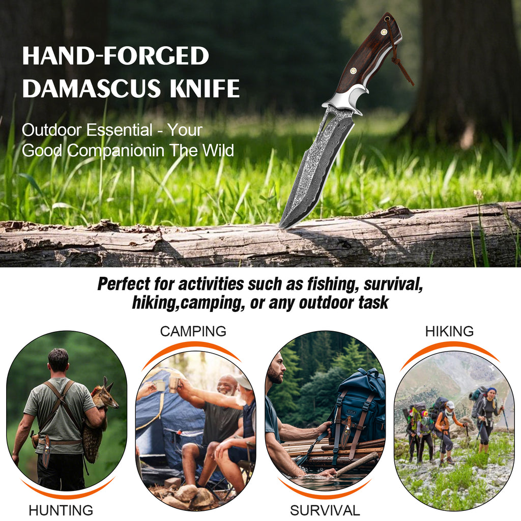 SAN TONG XIONG Damascus Hunting Knife, 10.4" Handmade Bowie Knife with Sheath, Real Damascus Steel Knives with VG10 Core &Wood Handle, Fixed Blade Knives for men women, Tactical, Survival, Camping, Gifts for Men Women