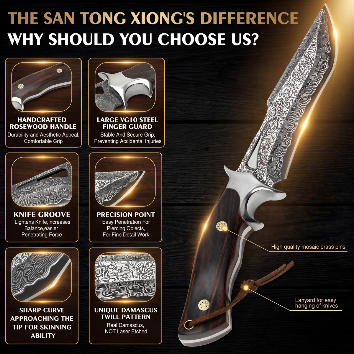 SAN TONG XIONG Damascus Hunting Knife,10.4" Fixed Blade VG10 Leather Sheath/513-layer steel bowie,rosewood handle,outdoor camping and survival,knives for men