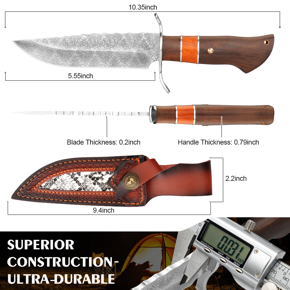 SAN TONG XIONG Hunting Knife with Sheath, 10.7" Fixed Blade Bowie Knife, Full Tang High Carbon Steel Blade, Outdoor Survival, Camping, Bushcraft