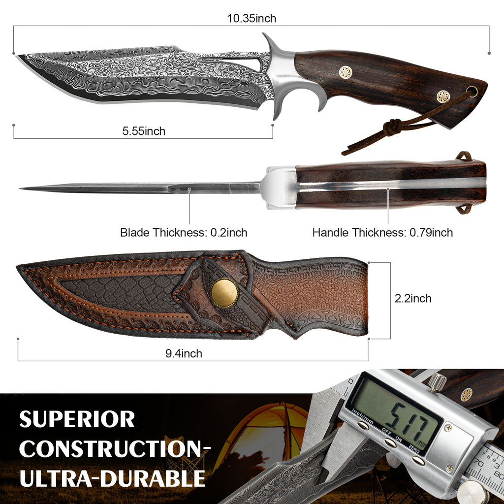 SAN TONG XIONG Damascus Hunting Knife, 10.4" Handmade Bowie Knife with Sheath, Real Damascus Steel Knives with VG10 Core &Wood Handle, Fixed Blade Knives for men women, Tactical, Survival, Camping, Gifts for Men Women