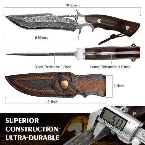 SAN TONG XIONG Damascus Hunting Knife, 10.4" Handmade Bowie Knife with Sheath, Real Damascus Steel Knives with VG10 Core &Wood Handle, Fixed Blade Knives for men women, Tactical, Survival, Camping, Gifts for Men Women