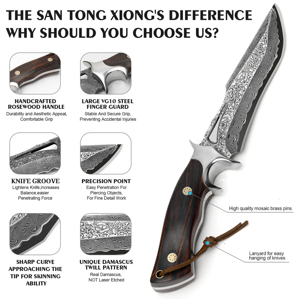 SAN TONG XIONG Damascus Hunting Knife, 10.4" Handmade Bowie Knife with Sheath, Real Damascus Steel Knives with VG10 Core &Wood Handle, Fixed Blade Knives for men women, Tactical, Survival, Camping, Gifts for Men Women