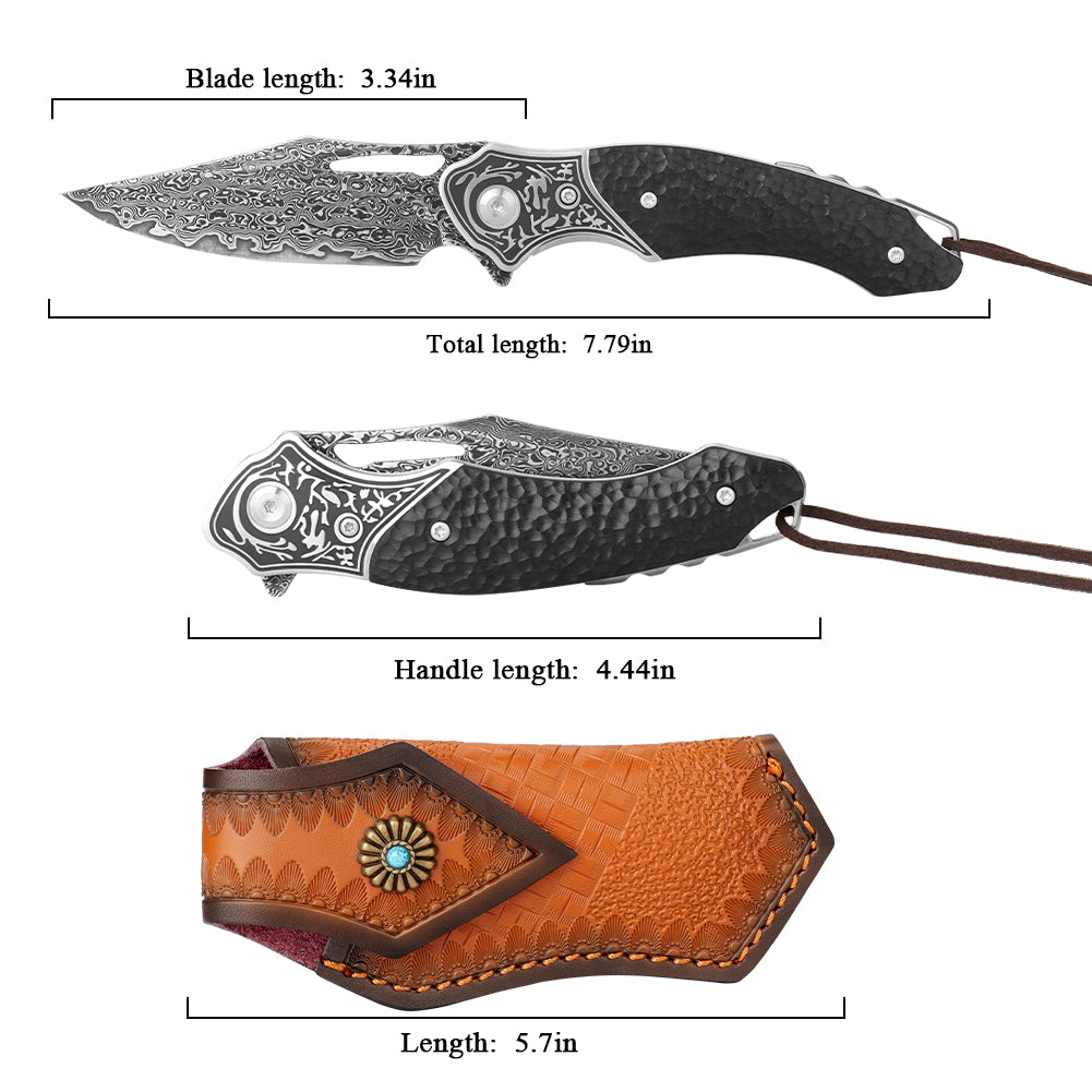 SAN TONG XIONG Damascus Pocket Knife for men women ,Collector's Grade 3.3''106-layer real damascus steel with Japan VG10 Core   ,Handmade EDC knife for Outdoor Survival ,Hunting ,Camping ,Ideal Gift for Men Women