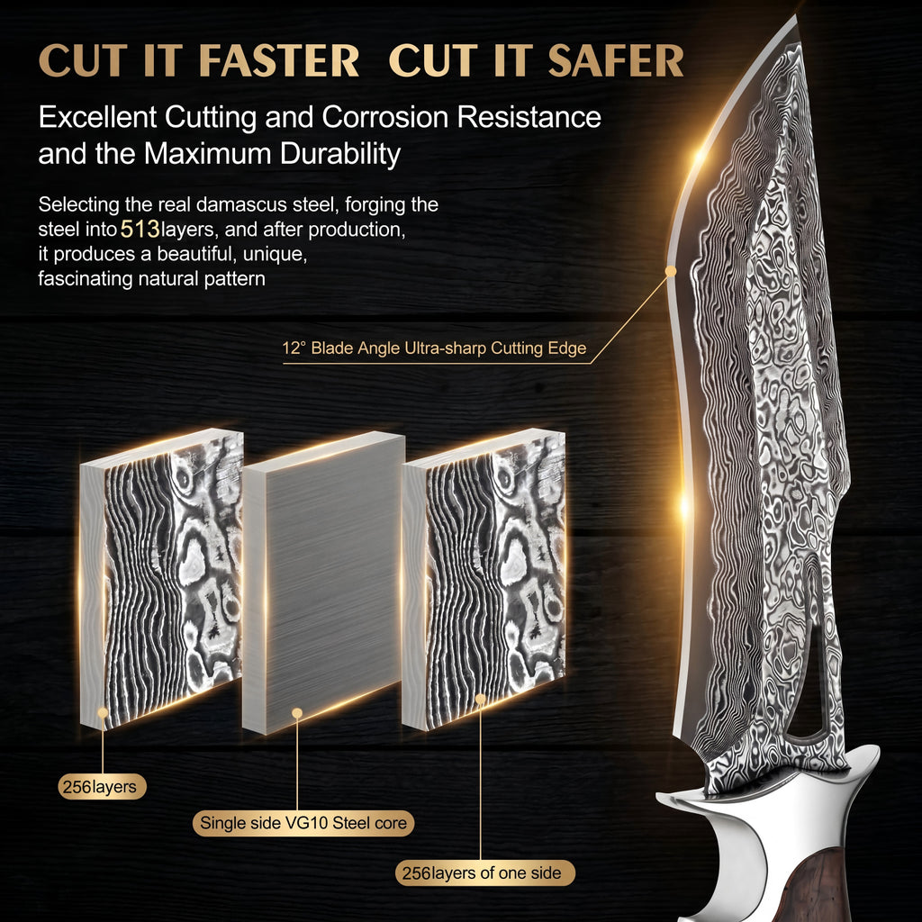 SAN TONG XIONG Damascus Hunting Knife,10.4" Fixed Blade VG10 Leather Sheath/513-layer steel bowie,rosewood handle,outdoor camping and survival,knives for men