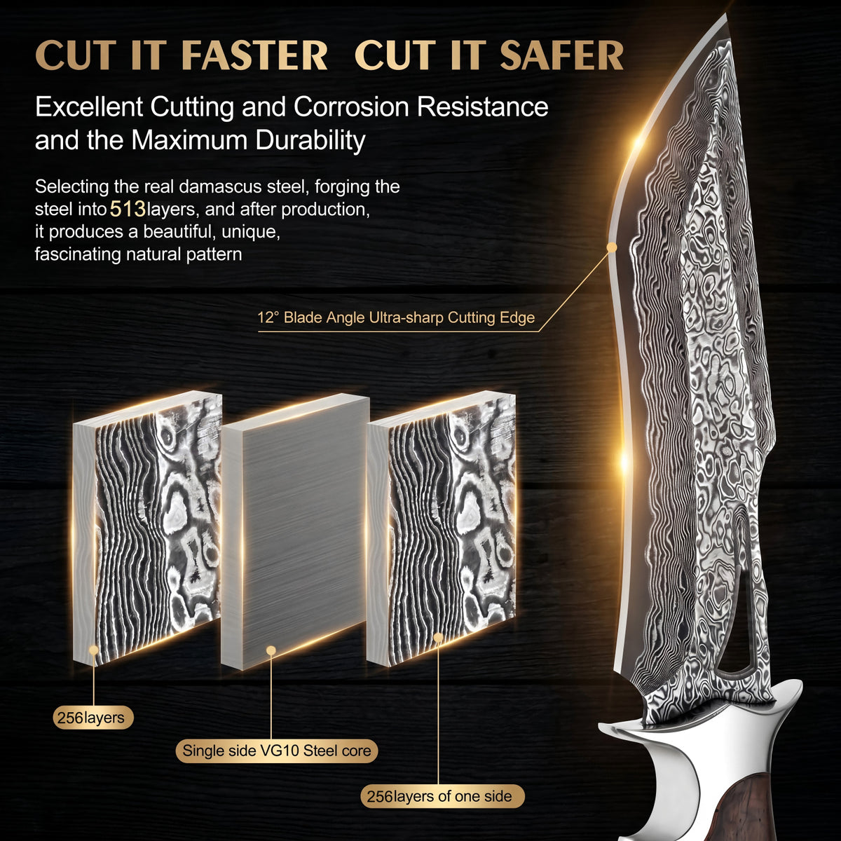 SAN TONG XIONG Damascus Hunting Knife,10.4" Fixed Blade VG10 Leather Sheath/513-layer steel bowie,rosewood handle,outdoor camping and survival,knives for men