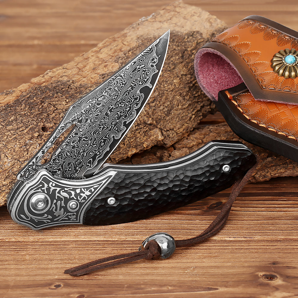 SAN TONG XIONG Damascus Pocket Knife for men women ,Collector's Grade 3.3''106-layer real damascus steel with Japan VG10 Core   ,Handmade EDC knife for Outdoor Survival ,Hunting ,Camping ,Ideal Gift for Men Women