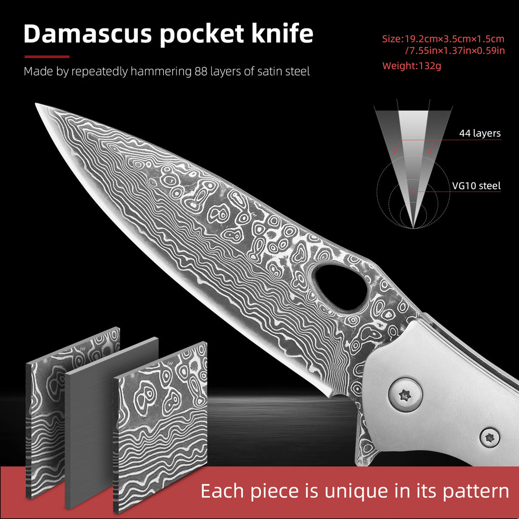 SAN TONG XIONG Damascus Pocket Knife,2.95" VG10 Steel Blade, Folding Knife with natural abalone shells Non-Slip Handle, EDC Knife with Sheath,Camping,Survival,Hiking.Gifts for Women Men