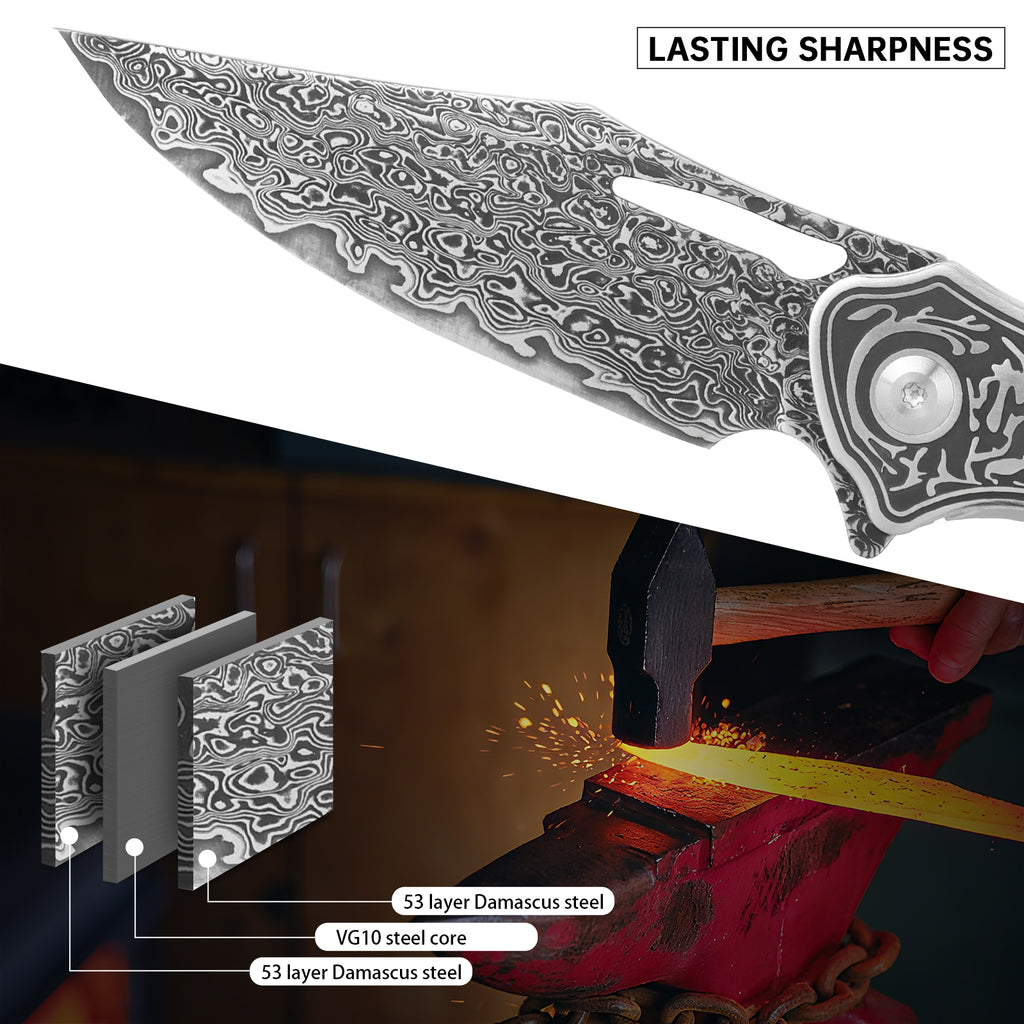 SAN TONG XIONG Damascus Pocket Knife for men women ,Collector's Grade 3.3''106-layer real damascus steel with Japan VG10 Core   ,Handmade EDC knife for Outdoor Survival ,Hunting ,Camping ,Ideal Gift for Men Women