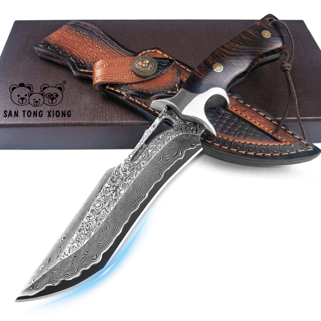 SAN TONG XIONG Damascus Hunting Knife,10.4" Fixed Blade VG10 Leather Sheath/513-layer steel bowie,rosewood handle,outdoor camping and survival,knives for men