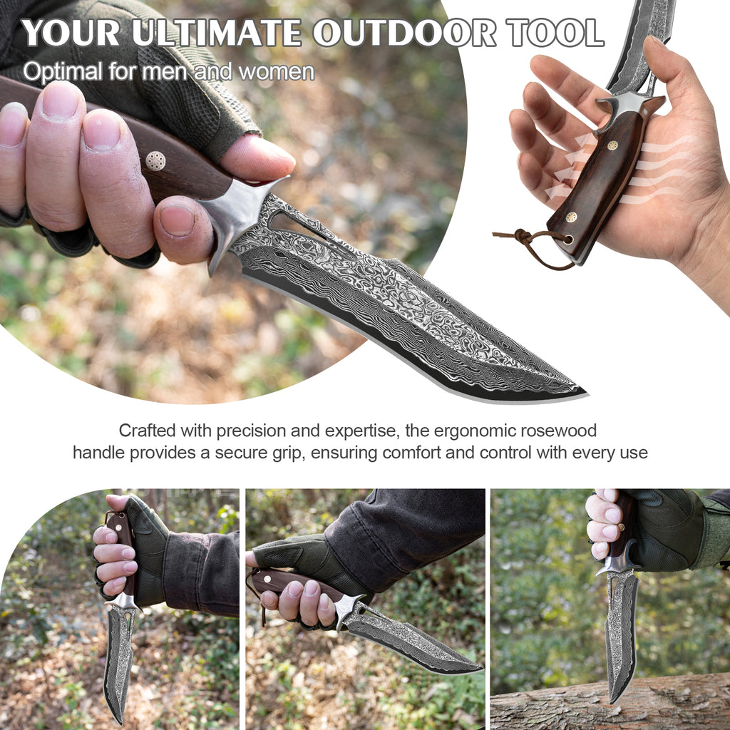 SAN TONG XIONG Damascus Hunting Knife, 10.4" Handmade Bowie Knife with Sheath, Real Damascus Steel Knives with VG10 Core &Wood Handle, Fixed Blade Knives for men women, Tactical, Survival, Camping, Gifts for Men Women