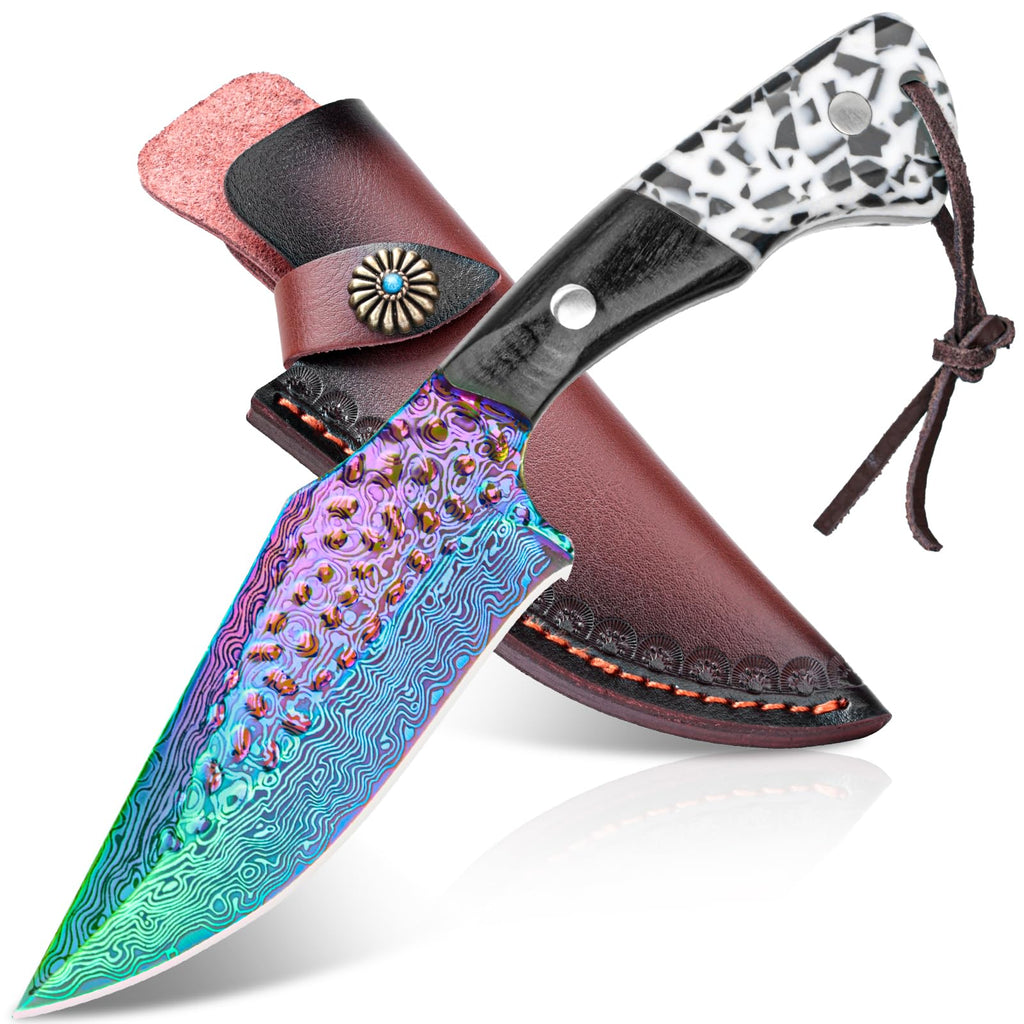 SAN TONG XIONG Damascus Hunting Knife with Sheath – Rainbow Titanium Coating, German High-Carbon Steel, Two-Tone Wood Handle, 4.2"Cool Knife,Gifts for Men and Women