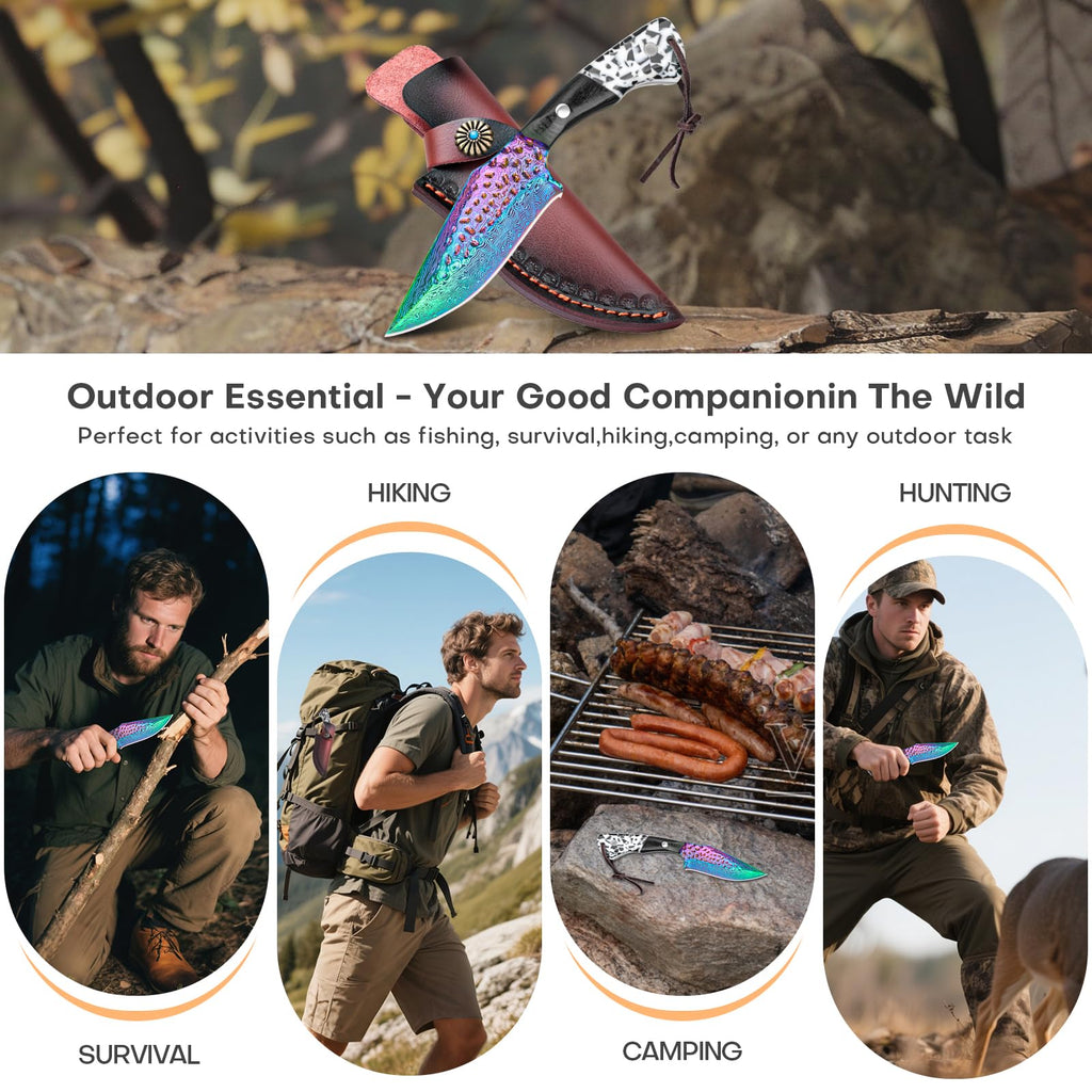 SAN TONG XIONG Damascus Hunting Knife with Sheath – Rainbow Titanium Coating, German High-Carbon Steel, Two-Tone Wood Handle, 4.2"Cool Knife,Gifts for Men and Women