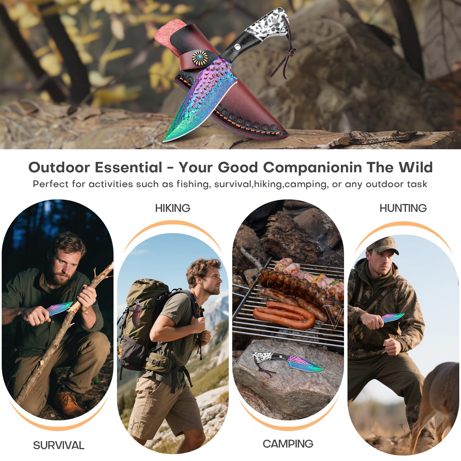 SAN TONG XIONG Damascus Hunting Knife with Sheath – Rainbow Titanium Coating, German High-Carbon Steel, Two-Tone Wood Handle, 4.2"Cool Knife,Gifts for Men and Women