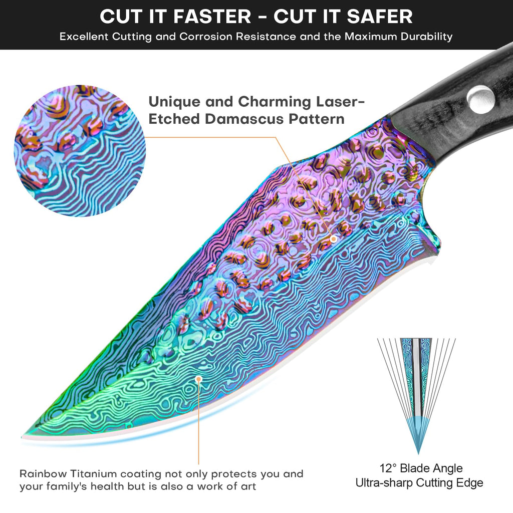 SAN TONG XIONG Damascus Hunting Knife with Sheath – Rainbow Titanium Coating, German High-Carbon Steel, Two-Tone Wood Handle, 4.2"Cool Knife,Gifts for Men and Women