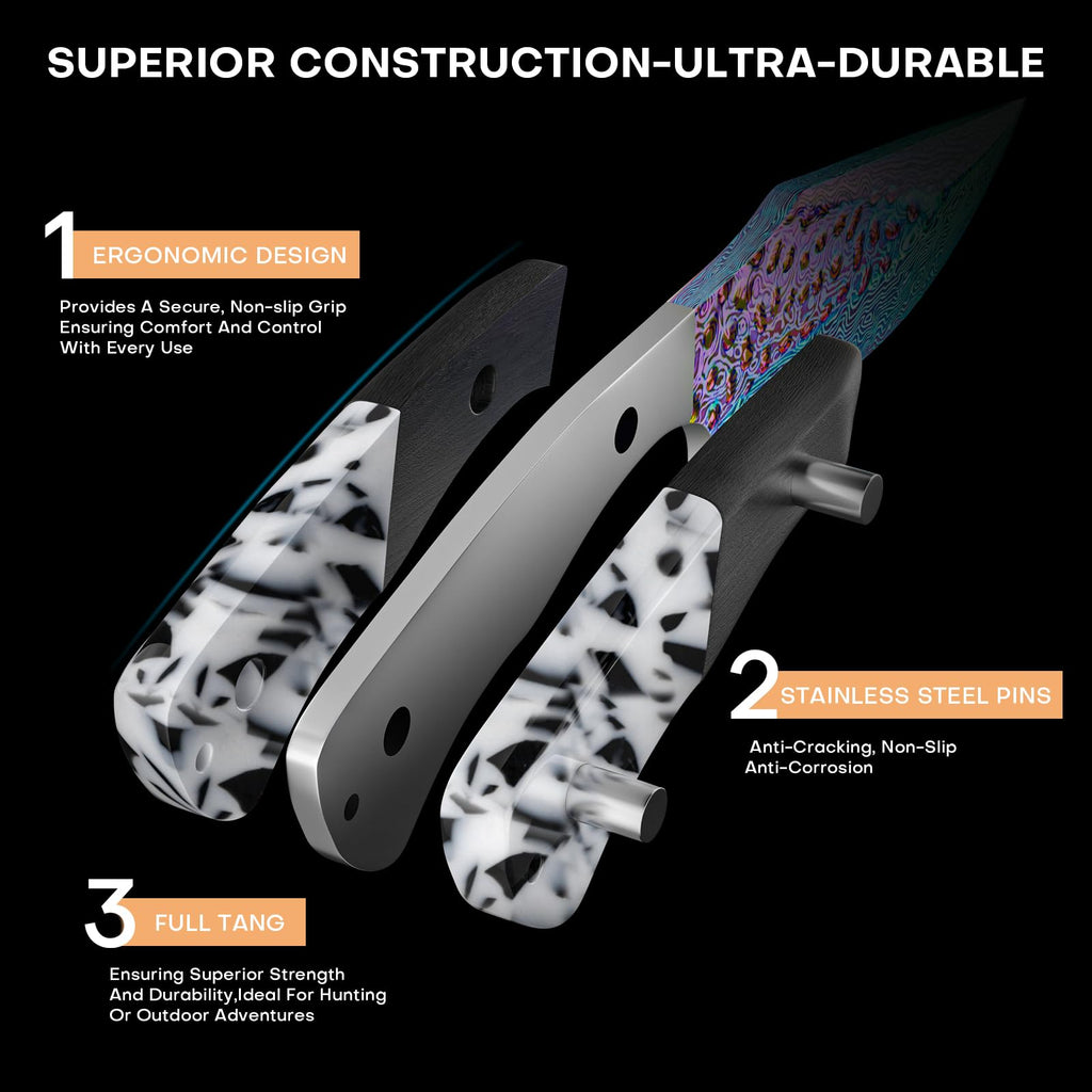 SAN TONG XIONG Damascus Hunting Knife with Sheath – Rainbow Titanium Coating, German High-Carbon Steel, Two-Tone Wood Handle, 4.2"Cool Knife,Gifts for Men and Women