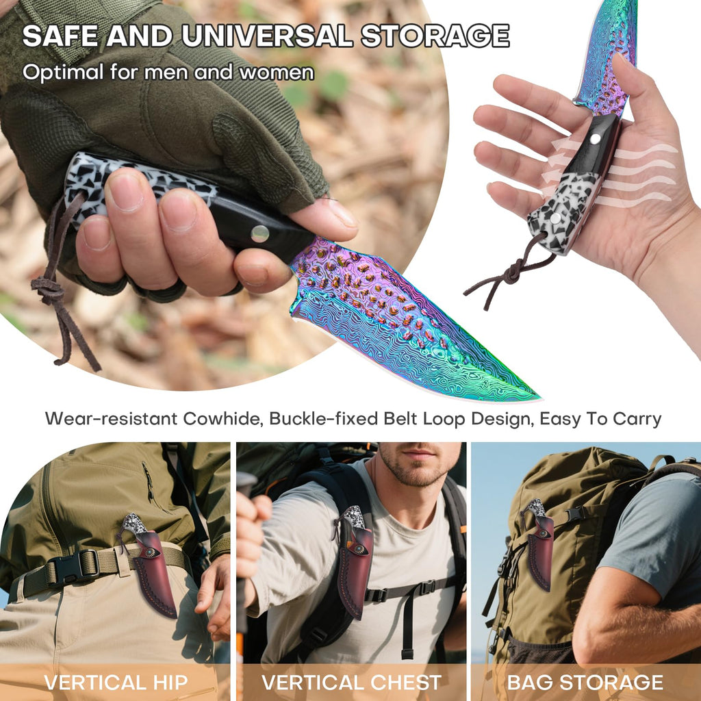 SAN TONG XIONG Damascus Hunting Knife with Sheath – Rainbow Titanium Coating, German High-Carbon Steel, Two-Tone Wood Handle, 4.2"Cool Knife,Gifts for Men and Women