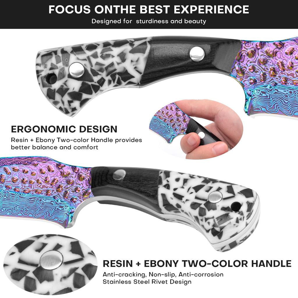 SAN TONG XIONG Damascus Hunting Knife with Sheath – Rainbow Titanium Coating, German High-Carbon Steel, Two-Tone Wood Handle, 4.2"Cool Knife,Gifts for Men and Women