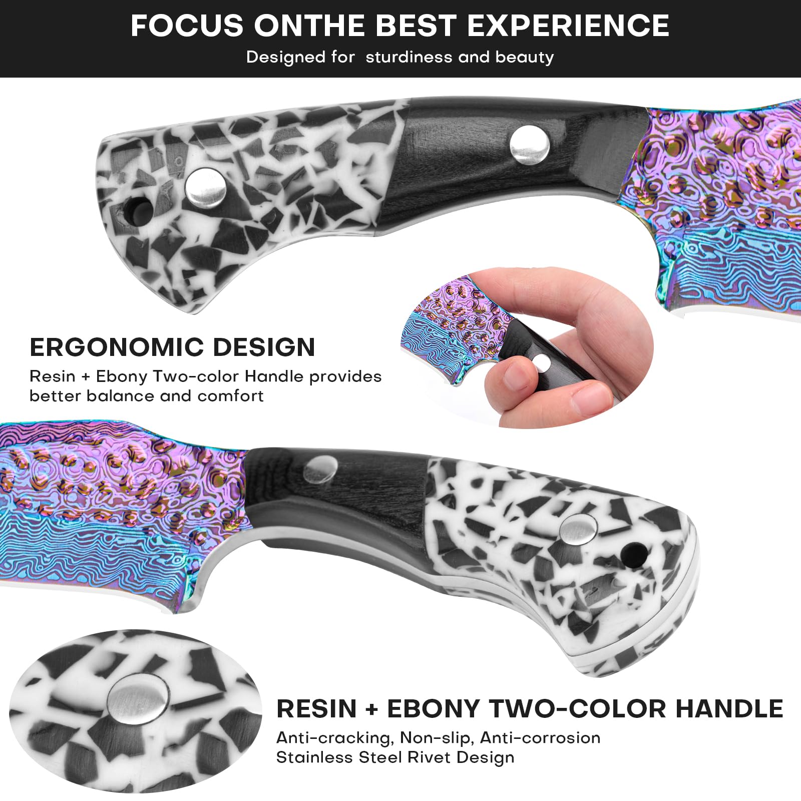 SAN TONG XIONG Damascus Hunting Knife with Sheath – Rainbow Titanium Coating, German High-Carbon Steel, Two-Tone Wood Handle, 4.2"Cool Knife,Gifts for Men and Women