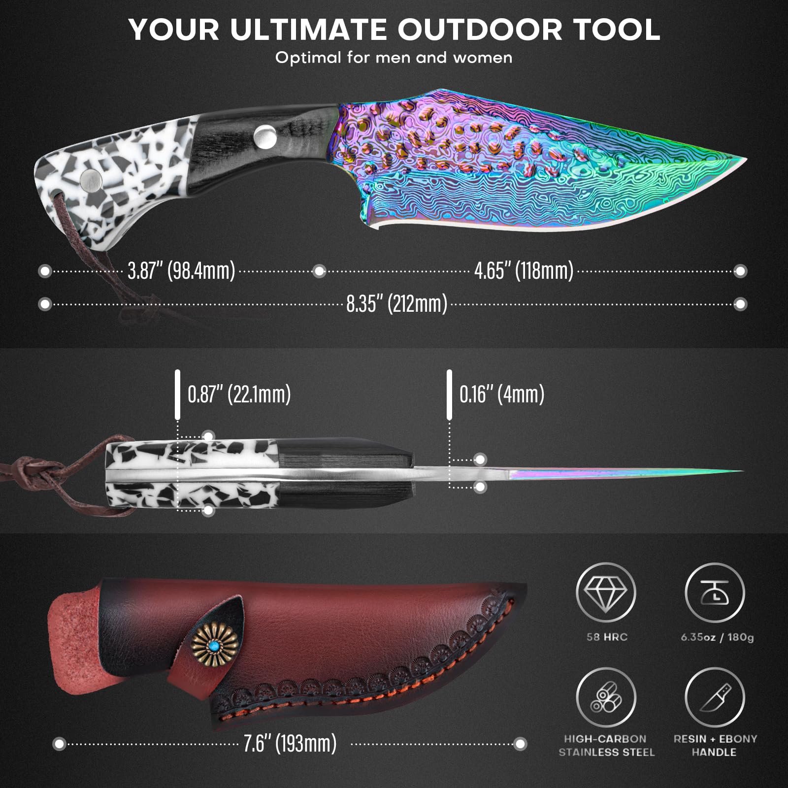 SAN TONG XIONG Damascus Hunting Knife with Sheath – Rainbow Titanium Coating, German High-Carbon Steel, Two-Tone Wood Handle, 4.2"Cool Knife,Gifts for Men and Women