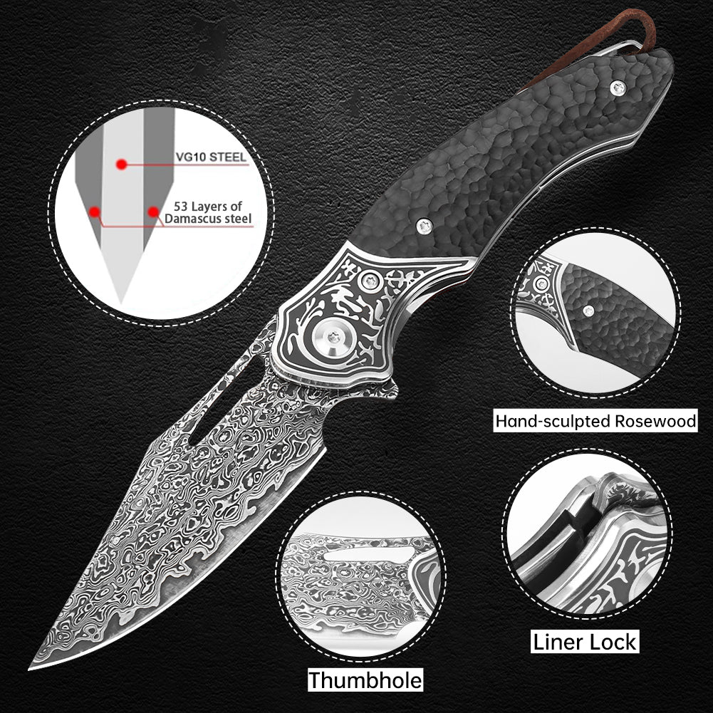 SAN TONG XIONG Damascus Pocket Knife for men women ,Collector's Grade 3.3''106-layer real damascus steel with Japan VG10 Core   ,Handmade EDC knife for Outdoor Survival ,Hunting ,Camping ,Ideal Gift for Men Women